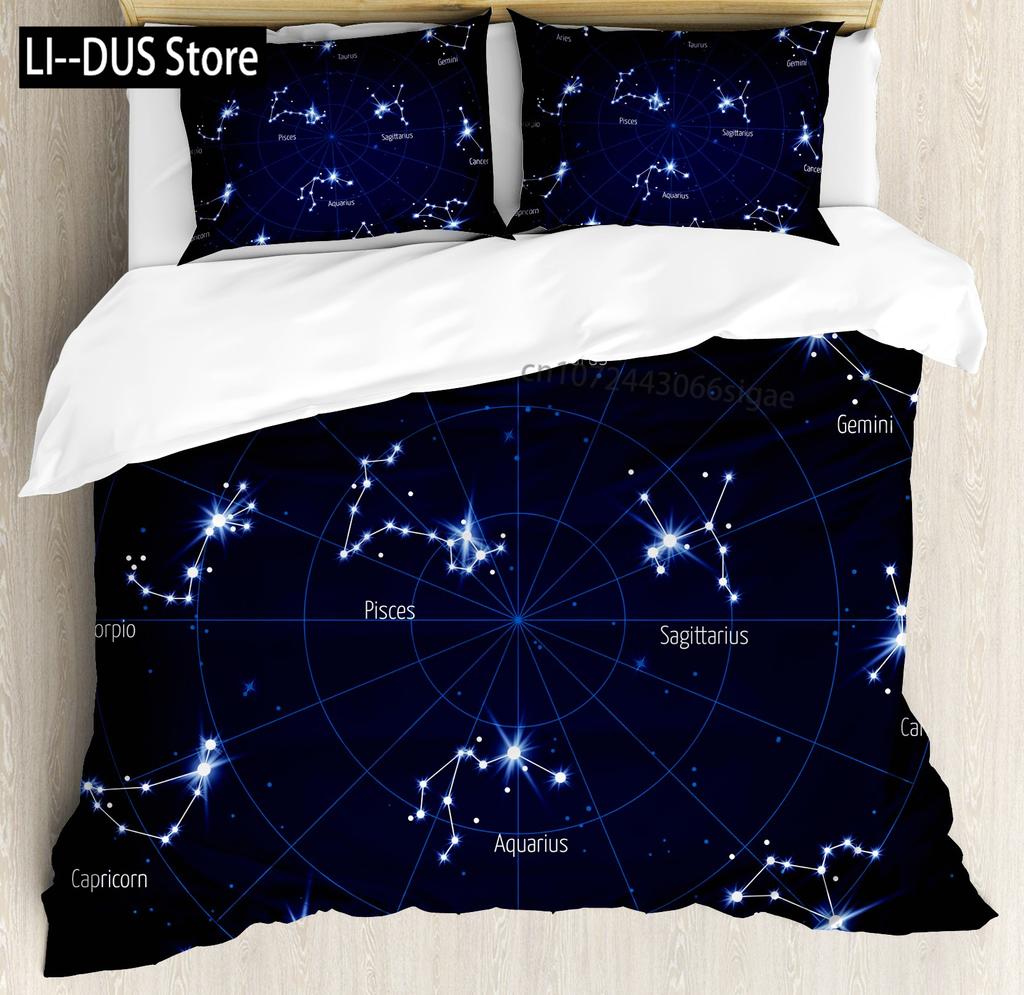 Constellation Duvet Cover Set Sky Star Map Geometric Circle Decorative 3 Piece Bedding Set with 2 Pillow Shams Queen Full Size
