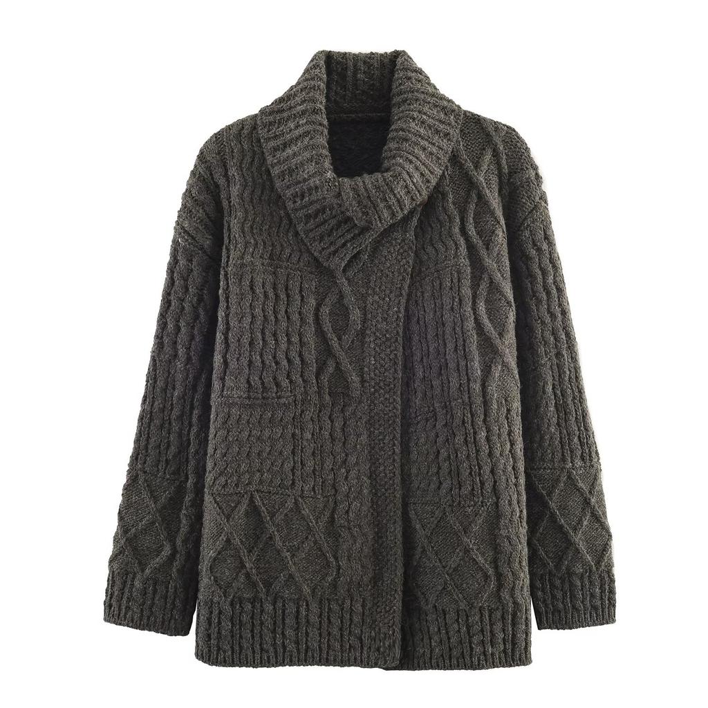 New, retro twist asymmetrical lapel knitted cardigan lazy coat