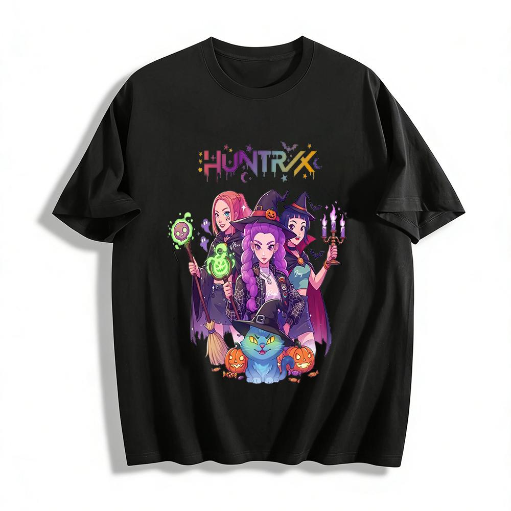 

Halloween Huntrix Witch Squad Graphic Tee Spooky Cat Pumpkin Print Casual Top For Women Pure cotton T-shirt 6XL