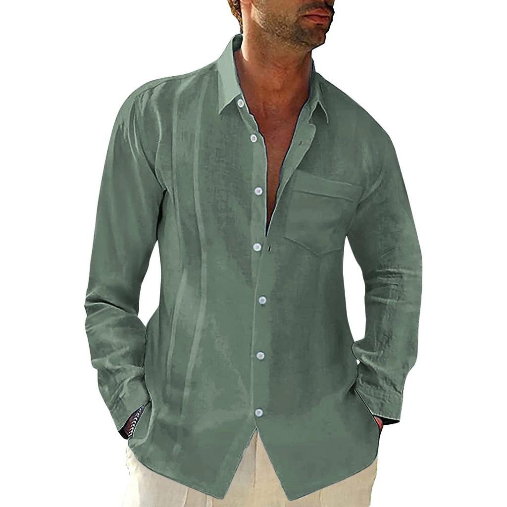 Mens Casual Loose Long Sleeve Cotton Color Shirt Lapel Neck Shirt Tops