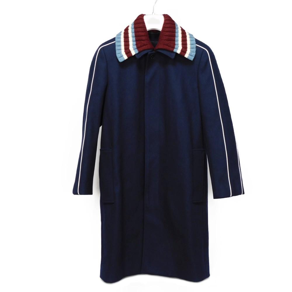 Used 8901 Rib Coat 7868 Striped Border 44 Piping Collared 2-Way Long Wool Navy Men's from Japan AUTHENTIC