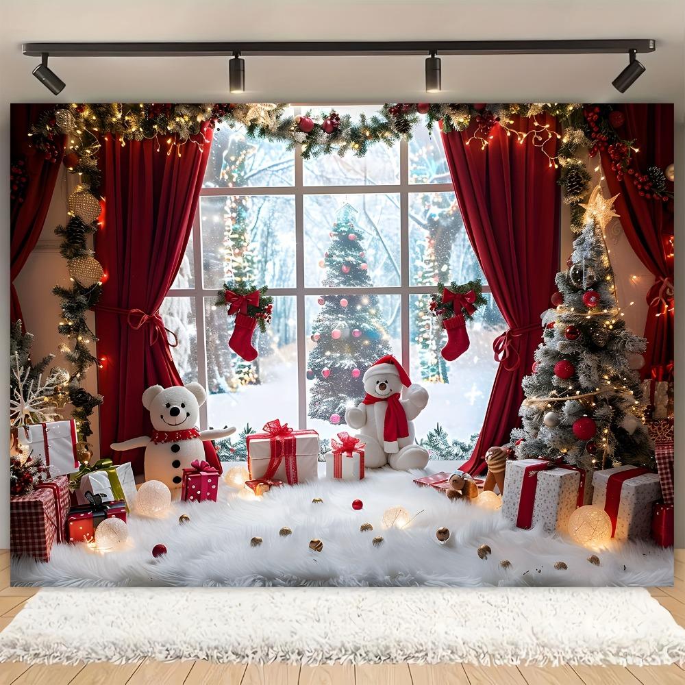Vibrant Winter Wonderland Christmas photography background - Snowmen Christmas trees and rural window scenes of holiday parties