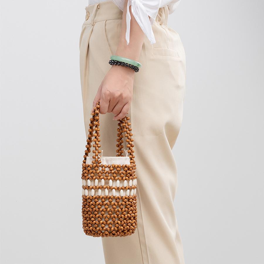 Borse Secchiello Casual Color Spiaggia con Perline Borse a Mano Estive Fatte a Mano con Perline di Legno Borse Tote Traforate per Donne Pochette da Signora