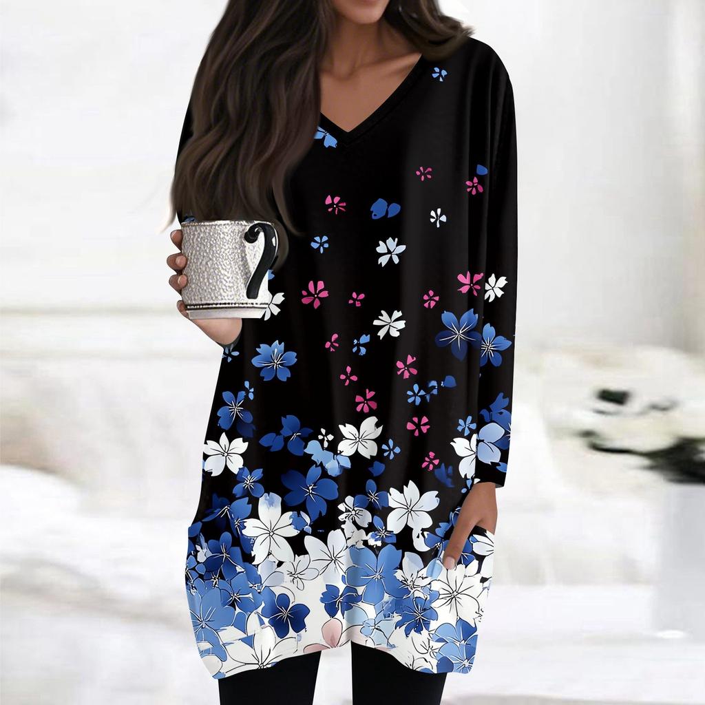 Damen Oberteile V-Ausschnitt Langarm Blusen Lässige Mittellange Hemden Mode Druck Tunika Oberteile Mit Taschen