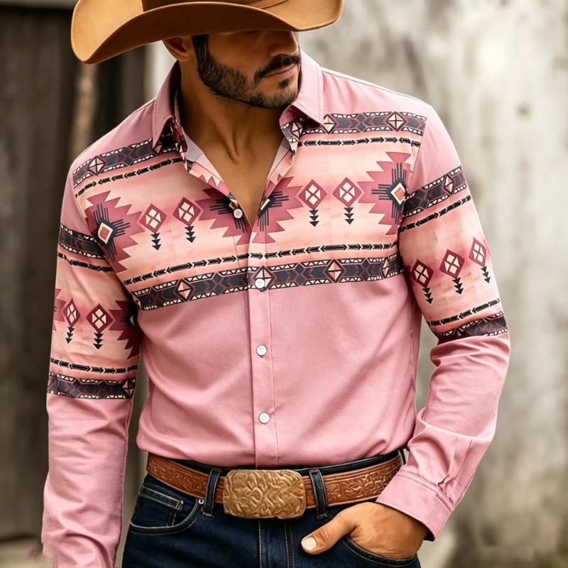 Retro Western Style Men's Long Sleeve Navajo Diamond-Shaped Tribal Print Outdoor Travel Loose Top