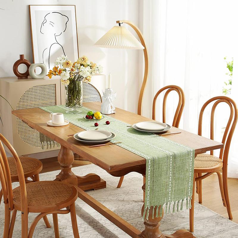 Green Table Runners Boho Rustic Tassels Farmhouse Braided Striped Cotton Linen for Dining Party Holiday Wedding Table Decoration