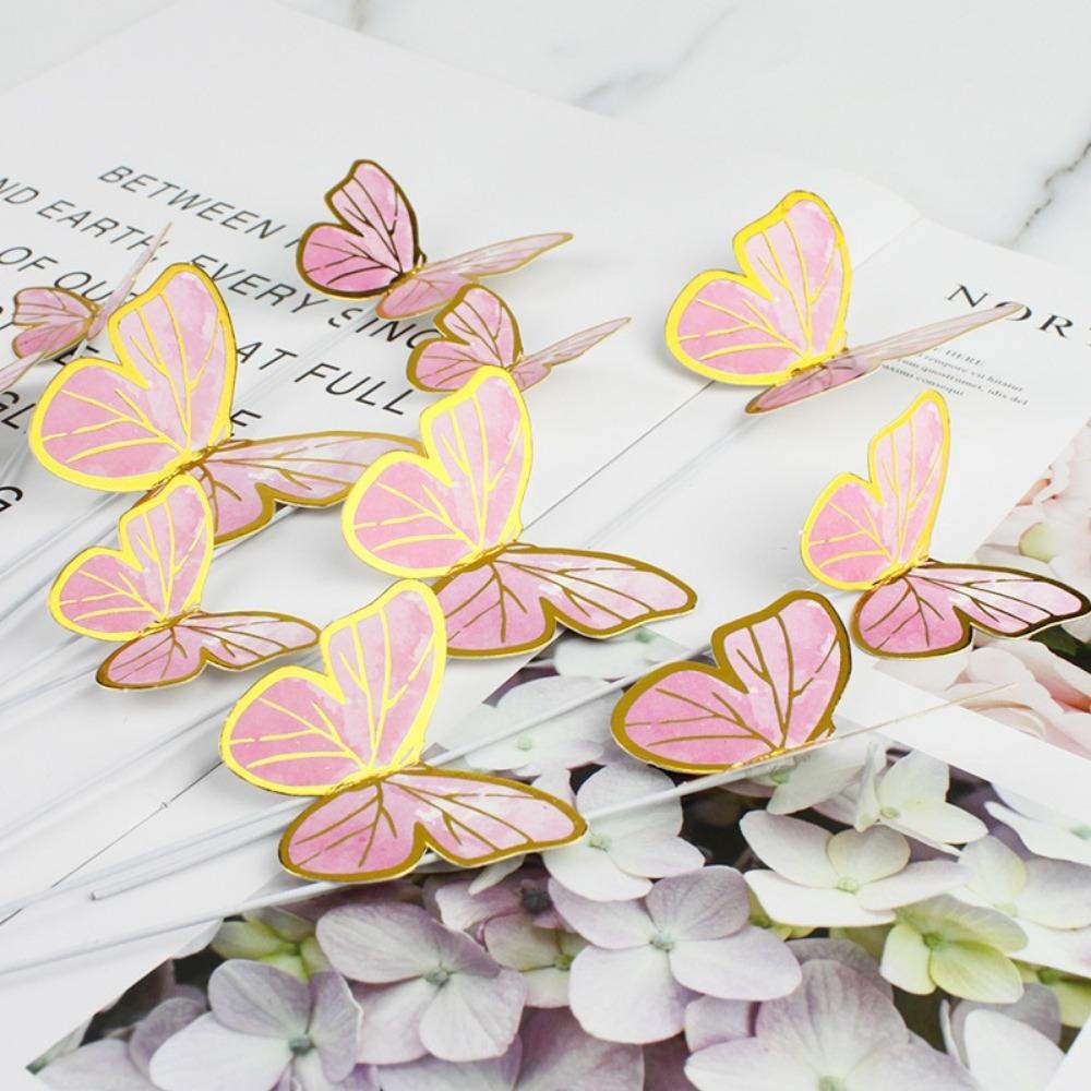 20 Pcs Colorful Gilt Edged Butterfly Cake Topper Happy Birthday Cake Decorations Wedding Bride Dessert Party Decor