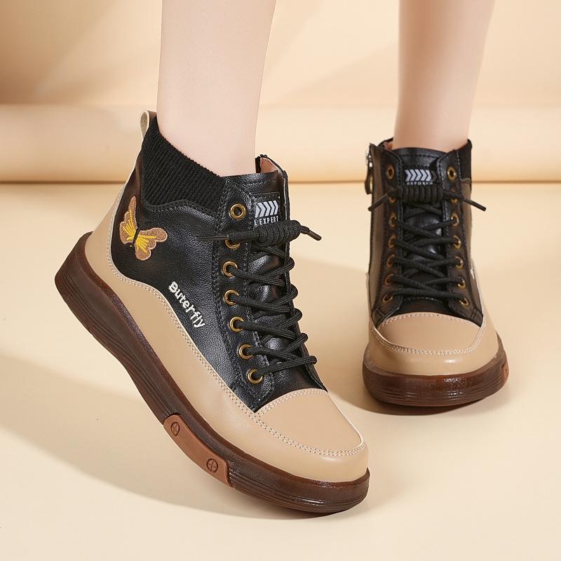 Women's Genuine Leather Short Boots with Plush Lining - Comfortable Sole Martin Boots for Autumn & Winter