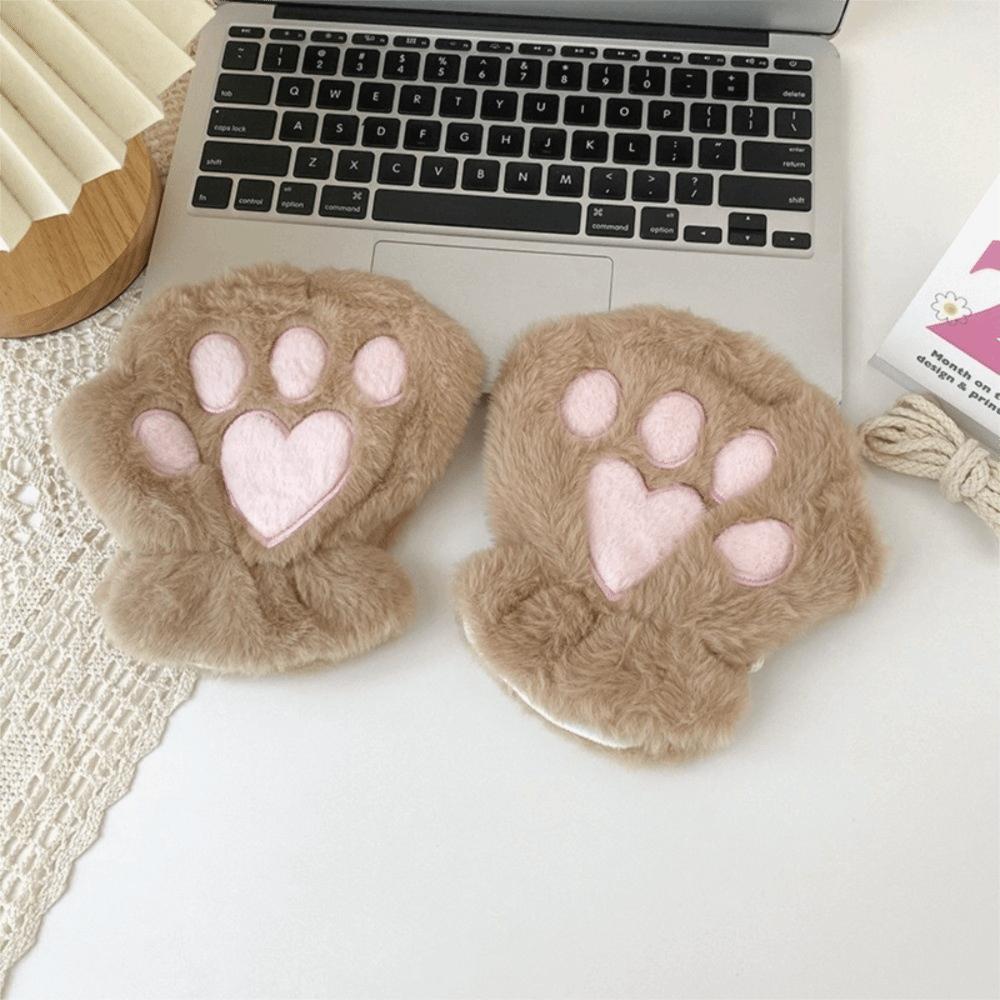 Polyester Fuzzy Half Finger Gloves Thick Plush Bear Paw Gloves Fuzzy Warm Winter Gloves  Writing