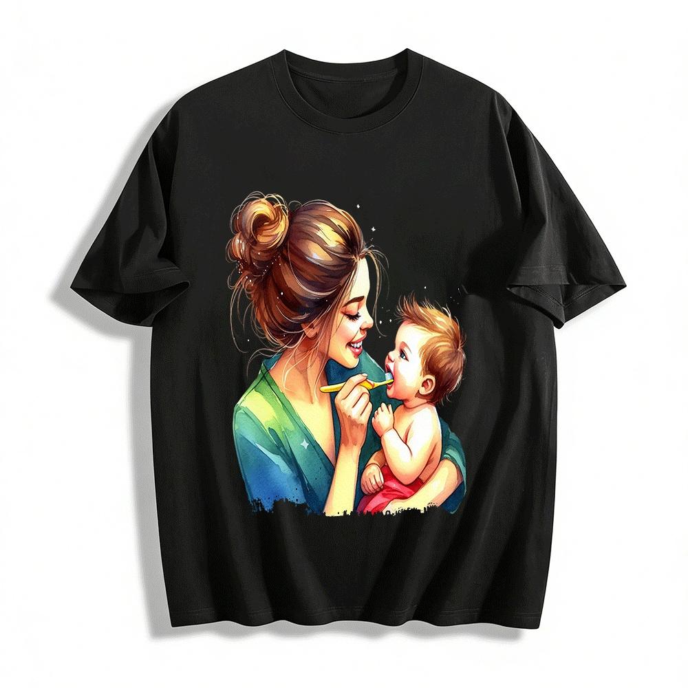 Warm Parent-child Teeth Care Print T-shirt For Mom Daily Wear Pure cotton T-shirt XXS