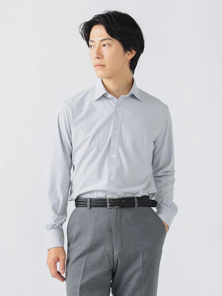 Beams Heart Men's Easy-Care Semi-Wide Collar Long Sleeve Shirt (Sizes 37-42, Machine Washable) Navy Stripe 40