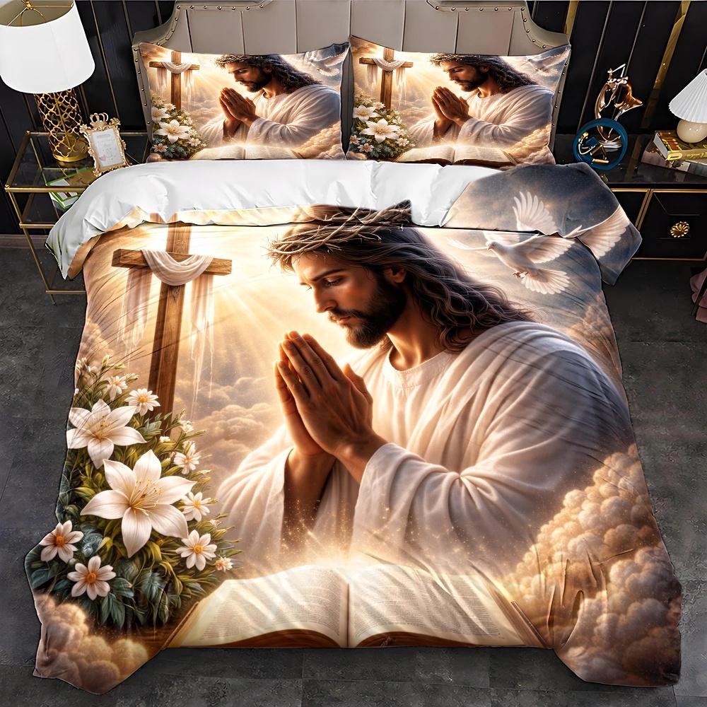 Ensemble de housse de couette sur le thème de la foi chrétienne Multi-tailles Housse de couette Taille Queen Décoration de literie de chambre à coucher Lavable en machine Adulte Garçon Fille Chambre à coucher 135Cmx200Cm