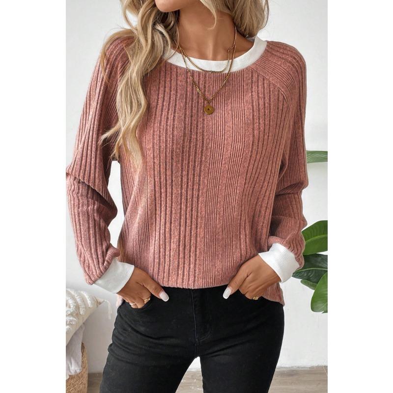 Women Color Block Crew Neck Ribbed Knit Sweater Solid Pink Raglan Long Sleeve Casual Top