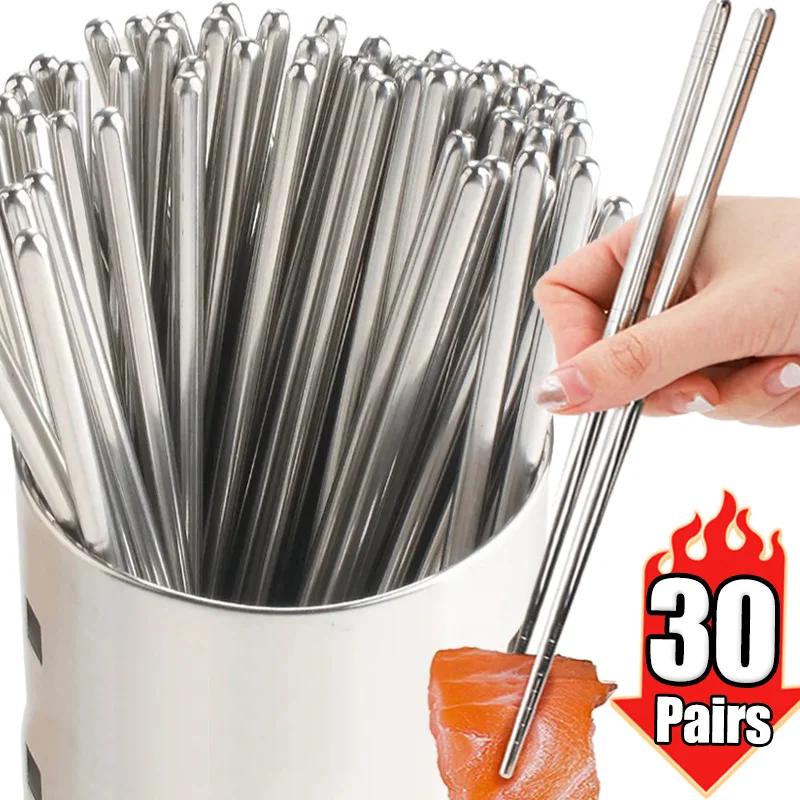30 Pair Chinese Chopsticks Stainless Steel Non-slip Sushi Chopstick Korean Japanese Food Metal Stick Reusable Kitchen Tableware