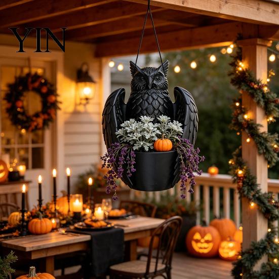 Halloween Garden Accessories Hanging Bat Plant Pot, 3D Printed Owl Planter, Whimsical Porch Decor Gothic Holder for Trailing Vines, Home Balcony