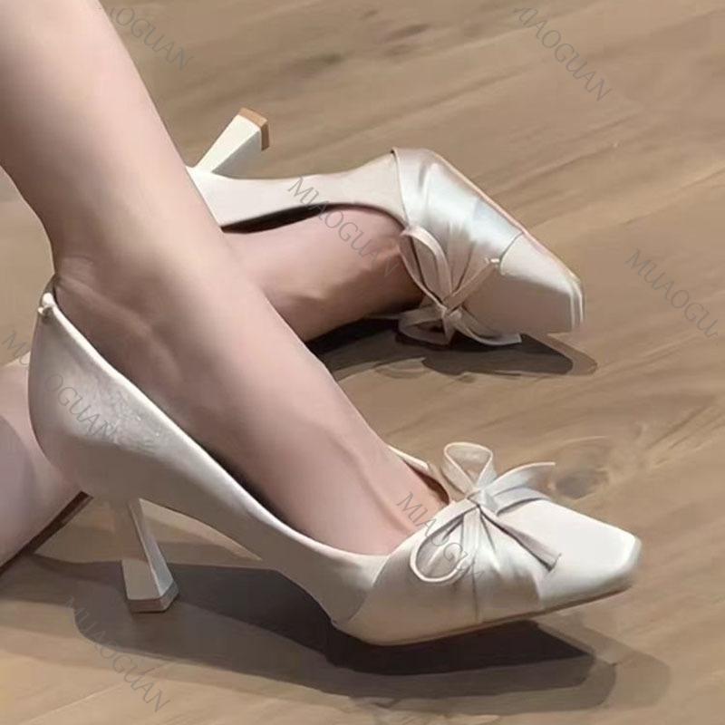 Fashion Bowknot High Heels for Women Spring and Summer New Square Head Temperament Pumps Party Shallow Mouth Beige Heeled Single Shoes