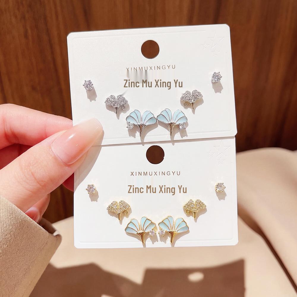 2026 Ginkgo Leaf Zircon Shell Stud Earrings - Three Pairs of High-End Ear Jewelry for Women