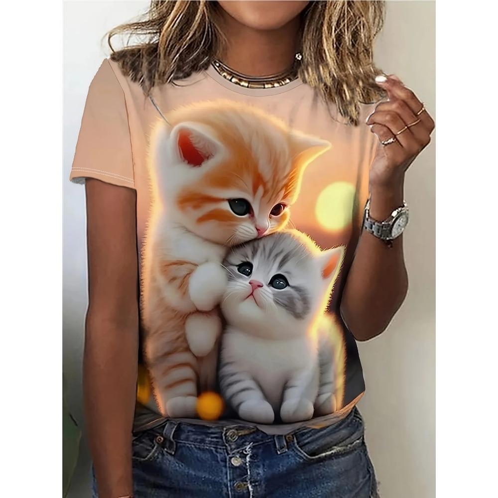 Summer New Women's 3D Digital Print T-shirt Loose Casual Round Neck Short-sleeved Creative Animal Print Top Y2K Streetwear