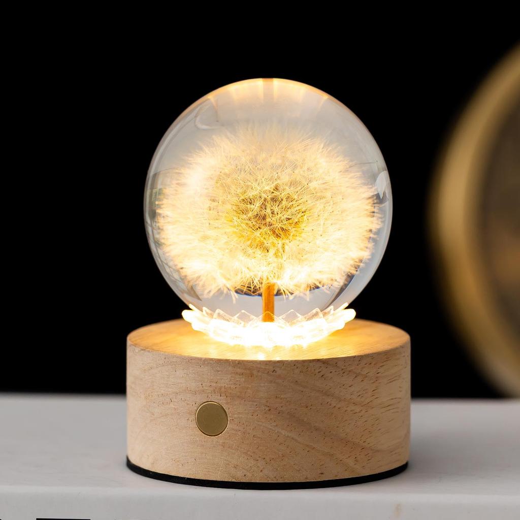 Dandelion Crystal Ball Night Light with 3D Carving and Solid Wood Base