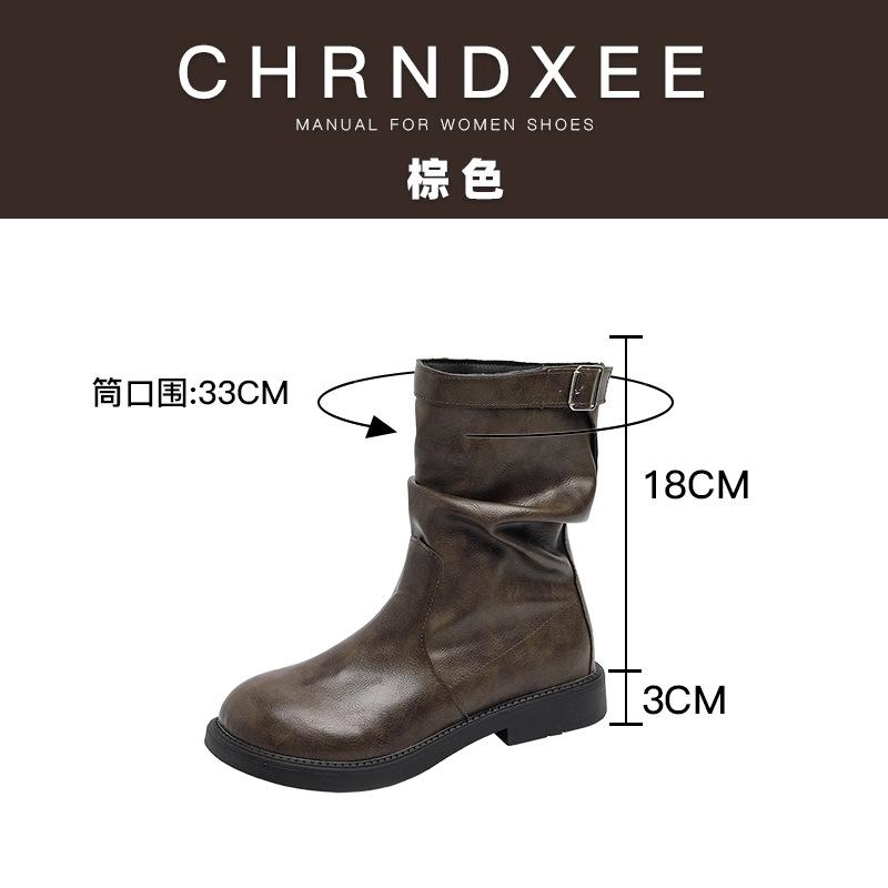 

Ruoji Shu This year s popular Martin boots thick heel retro pleated round head medium boots brown British short boots women 40 коричневый