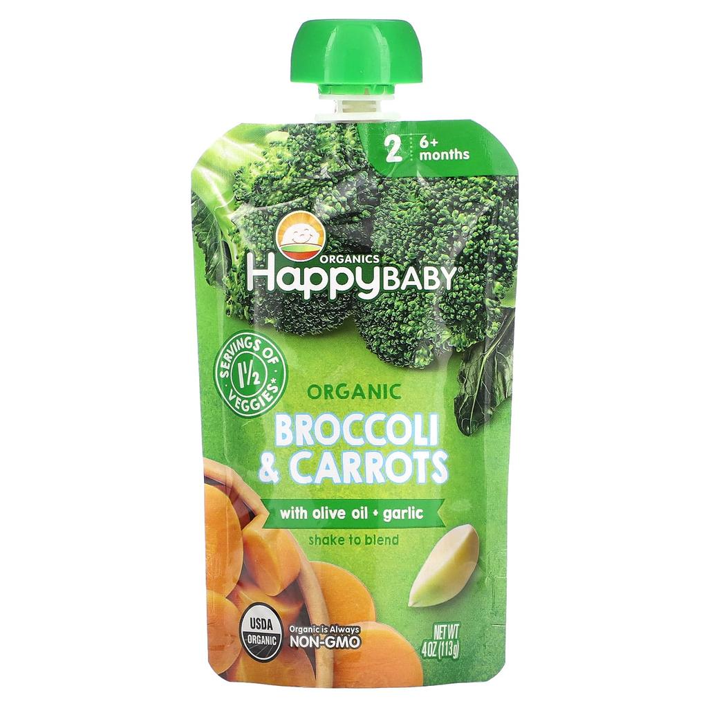 Happy Family Organics Happy Baby, Ages 6 Months and Up, Organic Broccoli & Carrots, with Olive Oil + Garlic, 4 Oz (113 G)