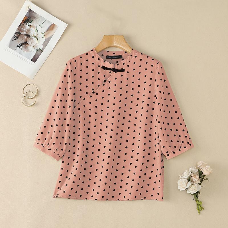 ZANZEA Women Casual Stand Collar Loose Half Sleeve Polka Dot Print Blouse