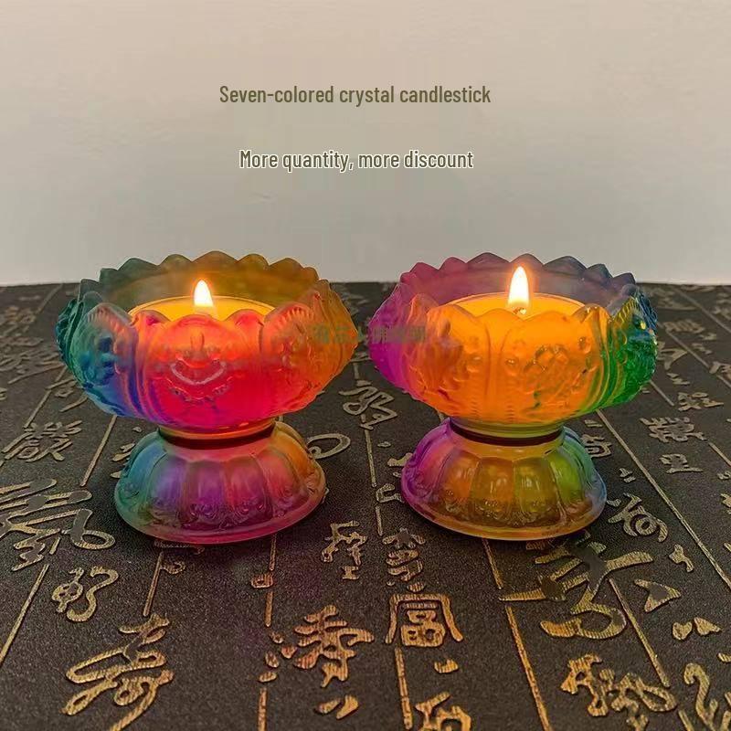 Colorful Lotus Crystal Glass Ghee Lamp Holder for Buddha Offering