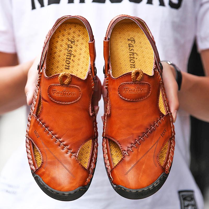 

Men s Leather Sandals Summer Cowhide Convertible Toe Post Sports Casual Slide Sandals Handmade Breathable Fashion Footwear 38
