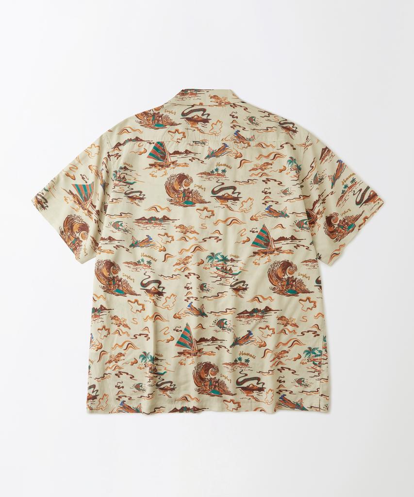 OUTSTANDING Hawaiian Open Collar Half Shirt Surfing_Beige