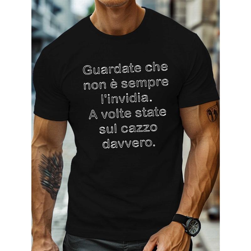 European Size Interesting Italian Quotes Print, Men's Round Crew Neck Short Sleeve Tee, Casual T-ShirtCasual Comfy Lightweight Top for Summer
