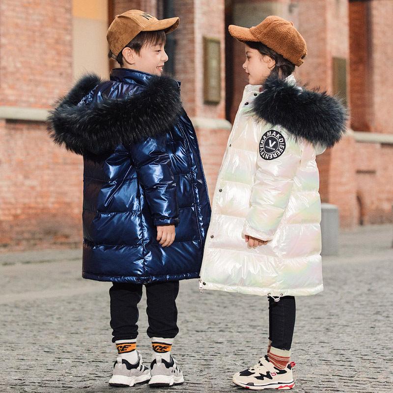 Children's Down Jacket Medium and Long Boys and Girls Down Jacket Medium and Older Children's Fur Collar Glossy Children's Clothing Thickened