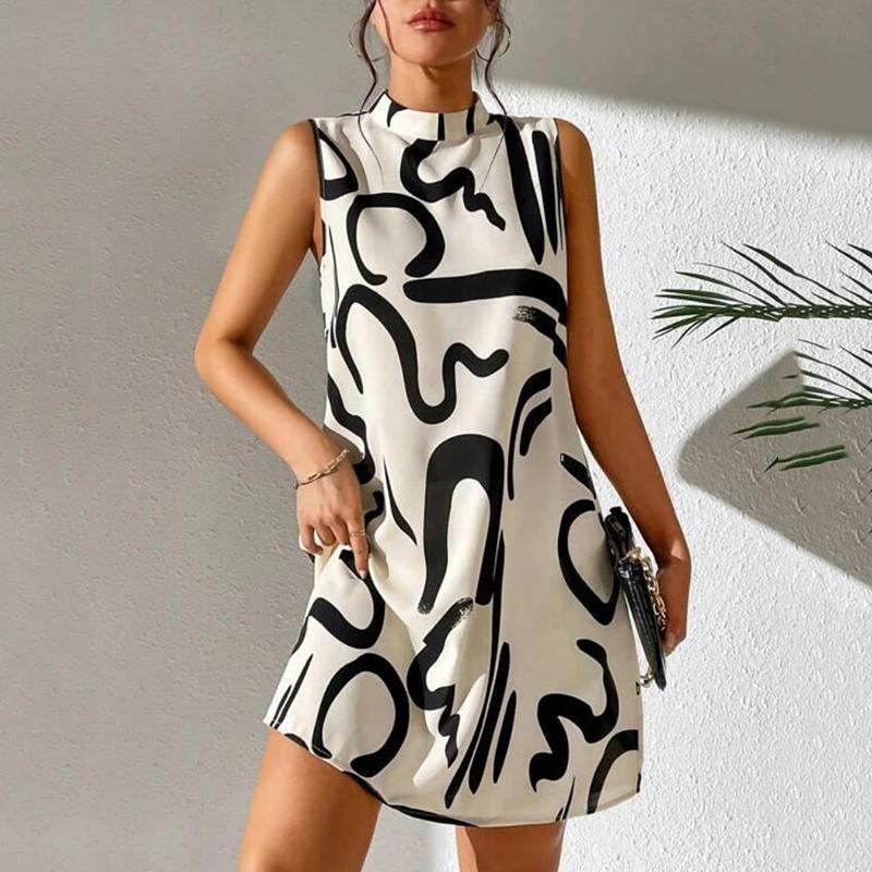 Fashion Printed Round Neck Women's Casual Dress Plus Size Summer Sleeveless Short Dress Woman Vintage Elegant Loose A Line Dresses Lady 24404