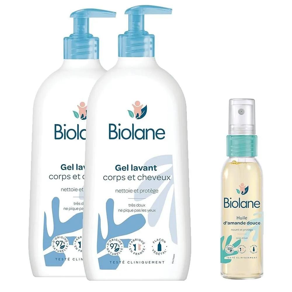 BIOLANE Гель для тела 750 мл (2 упаковки) + Масло сладкого миндаля 75 мл (1 пакет) BIOLANE - 2 геля 2-в-1 для тела и волос 750 мл