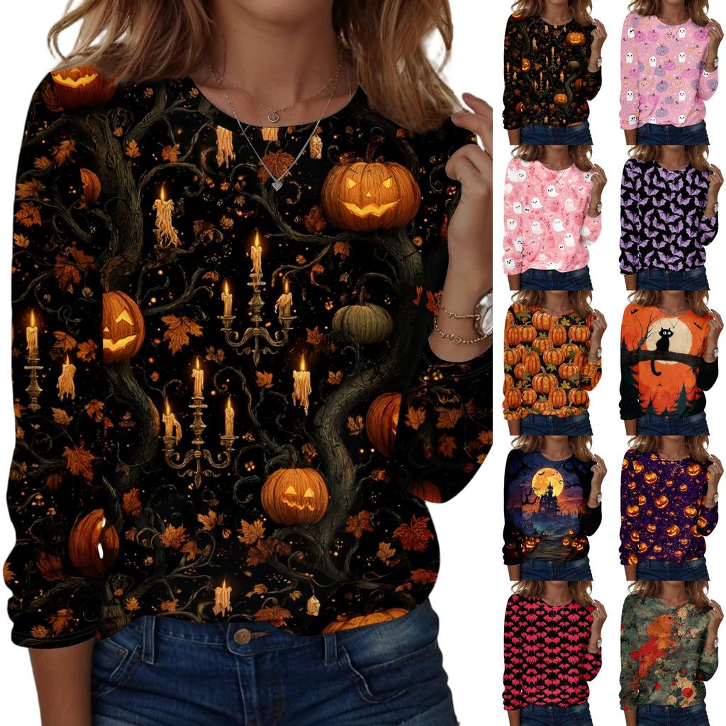 Women's Long Sleeve Casual Pullover Sweatshirt Halloween Ghost Pattern Round Neck Top Lightweight Comfortable Fit