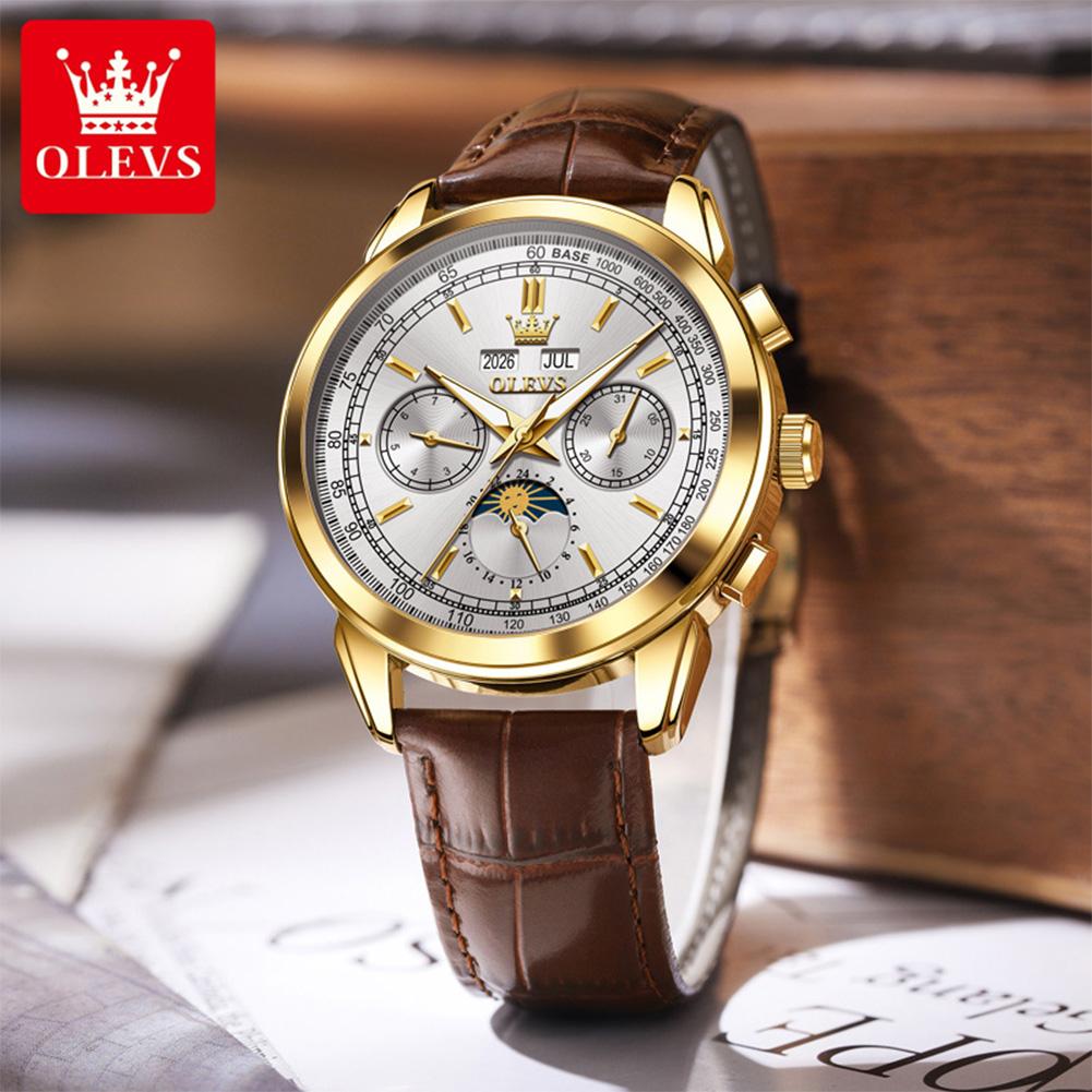 OLEVS 7117 New Automatic Man Watch Luxury Fashion Leather Strap Mechanical Watches for Men 24 Hour Moon Phase Calendar Men Watch
