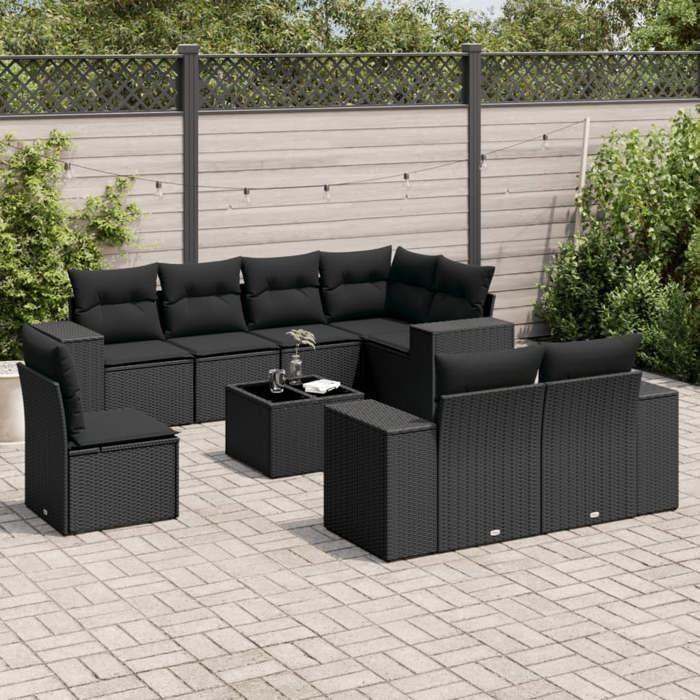 VidaXL Salon de Jardin avec Coussins 9 pcs, Canapés de Terrasse, Ensemble de Meubles de Patio, Mobilier d'Extérieur, Noir 3222844