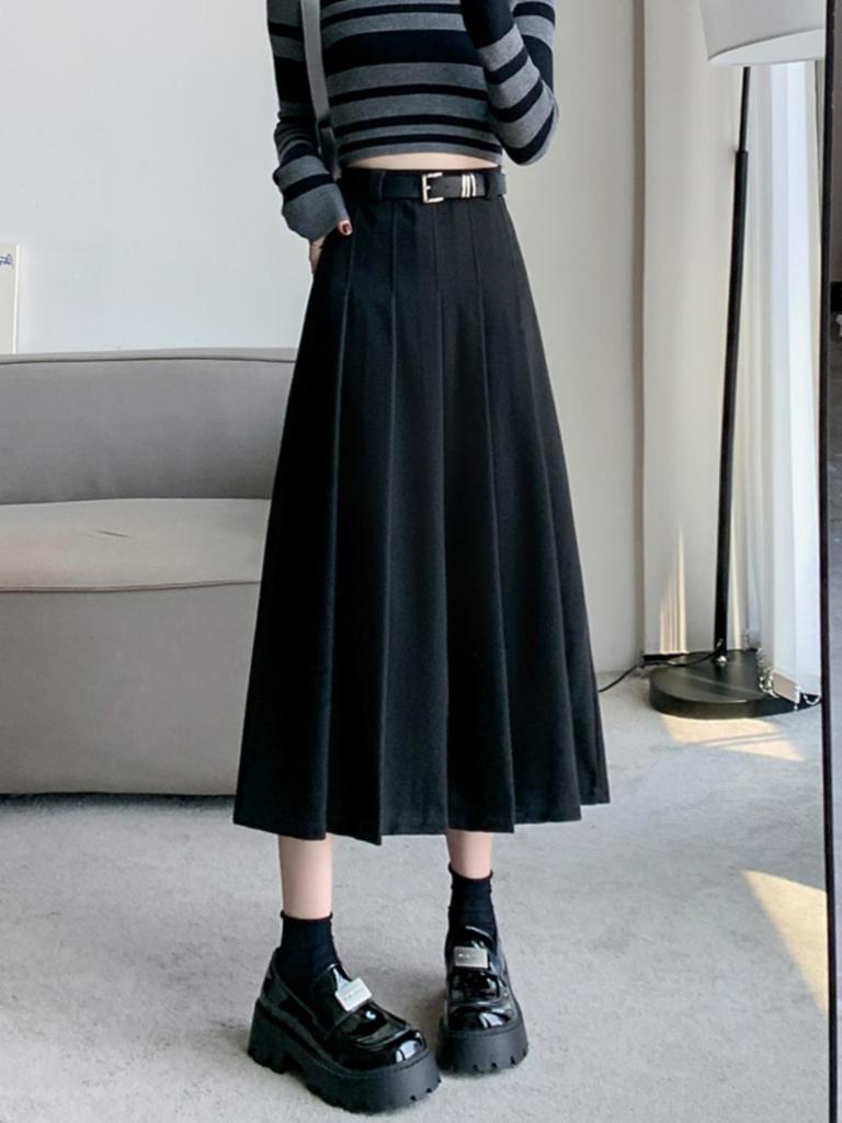 High-Waisted A-Line Pleated Midi Skirt - Elegant, Slimming Autumn Style for Women