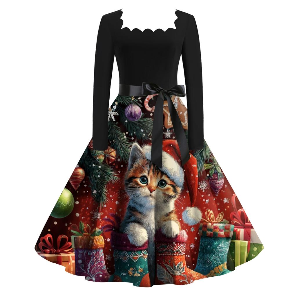 Women's Fashion Retro Long-sleeved Square Collar Christmas Printed Evening Dress
