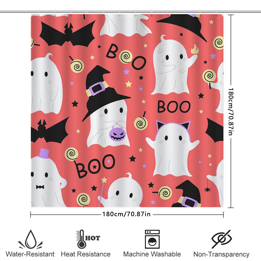 Halloween-Themed Shower Curtain With Colorful Patterns Featuring Ghosts, Bats, Stars, And A Witch Hat Waterproof And Decorative