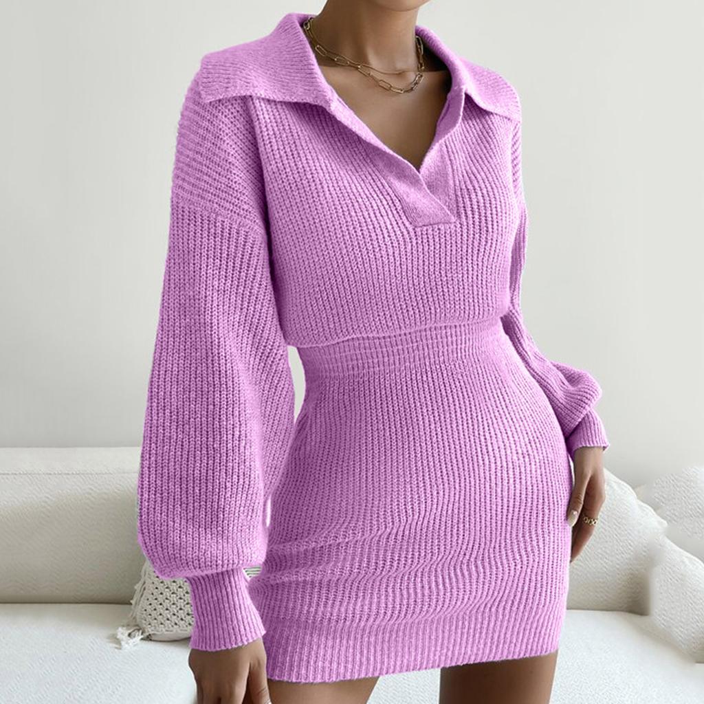 Women's Fashion Casual Turn-down Collar Lanterned Sleeve Long Sleeve Color Knitted Dress