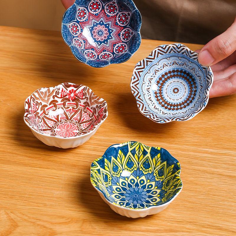 4Pcs Japanese Bohemian Style Ceramic Plate Barbecue Dipping Bowl Vintage Sashimi Sushi Soy Sauce Dishes Snack Dessert Plates