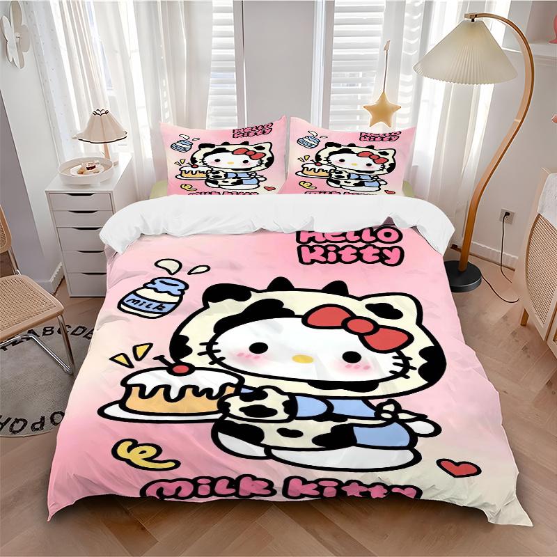 3pcs Milk Hello Kitty Printed Duvet Cover Set (1 * Cover+2 * Pillowcase, Without Core), Suitable for Home Bedroom, Guest Room, Dormitory Decorati