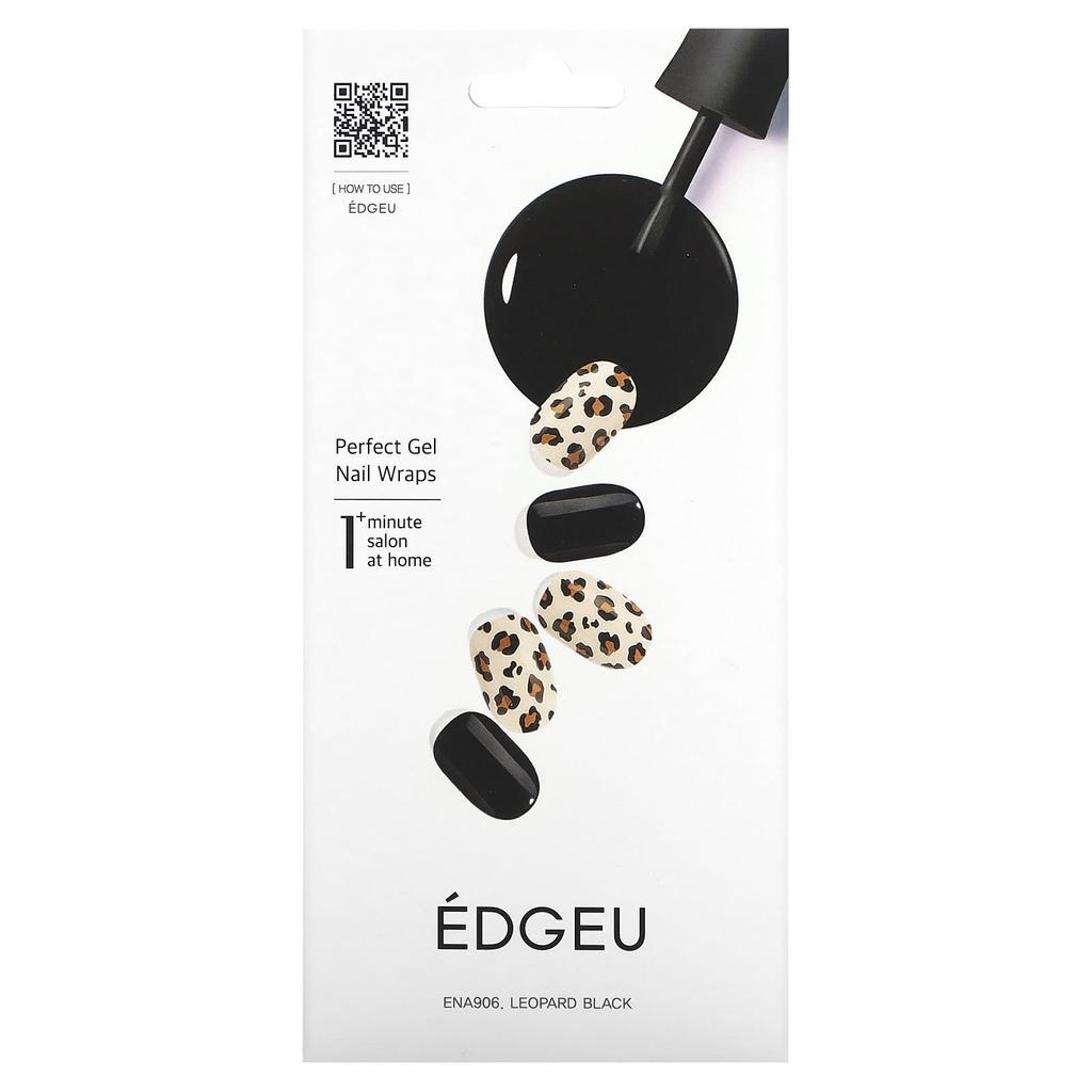 Edgeu, Perfect Gel Nail Wraps, ENA906, Leopard Black, Set of 16 Strips