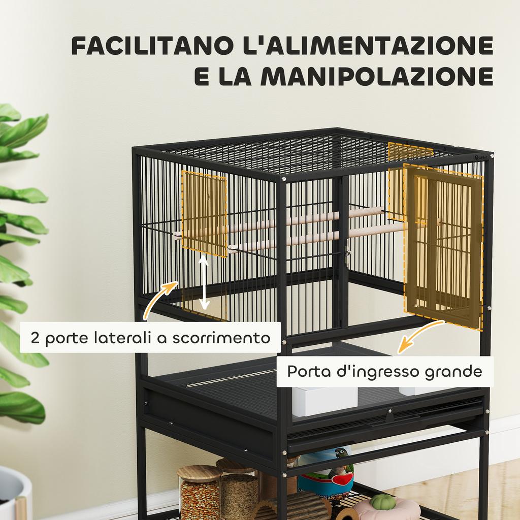 Bird Cage with Bottom Shelf, Removable Tray and Grid, Steel and PP, 48x46x83 cm, Black