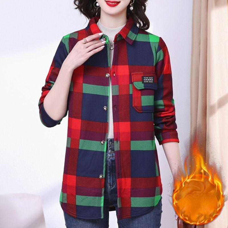Women's Plus Size Thickened Warm Plaid Shirt Large Size Stand-up Warm Shirt