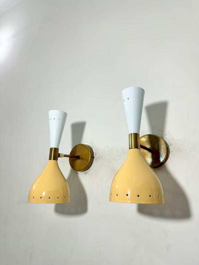 Mid Century Italian Brass Wall Sconce Pair: Beige & White Diablo Lights