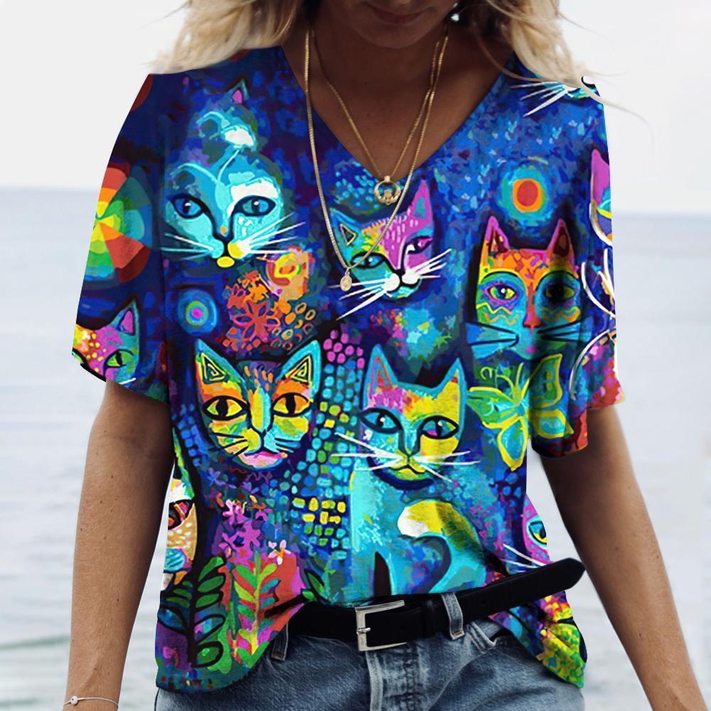 Summer Cartoon Cat Short Sleeved Women's T-shirt V-neck Animal Print T-shirt Loose Comfortable Plus Size T-shirt