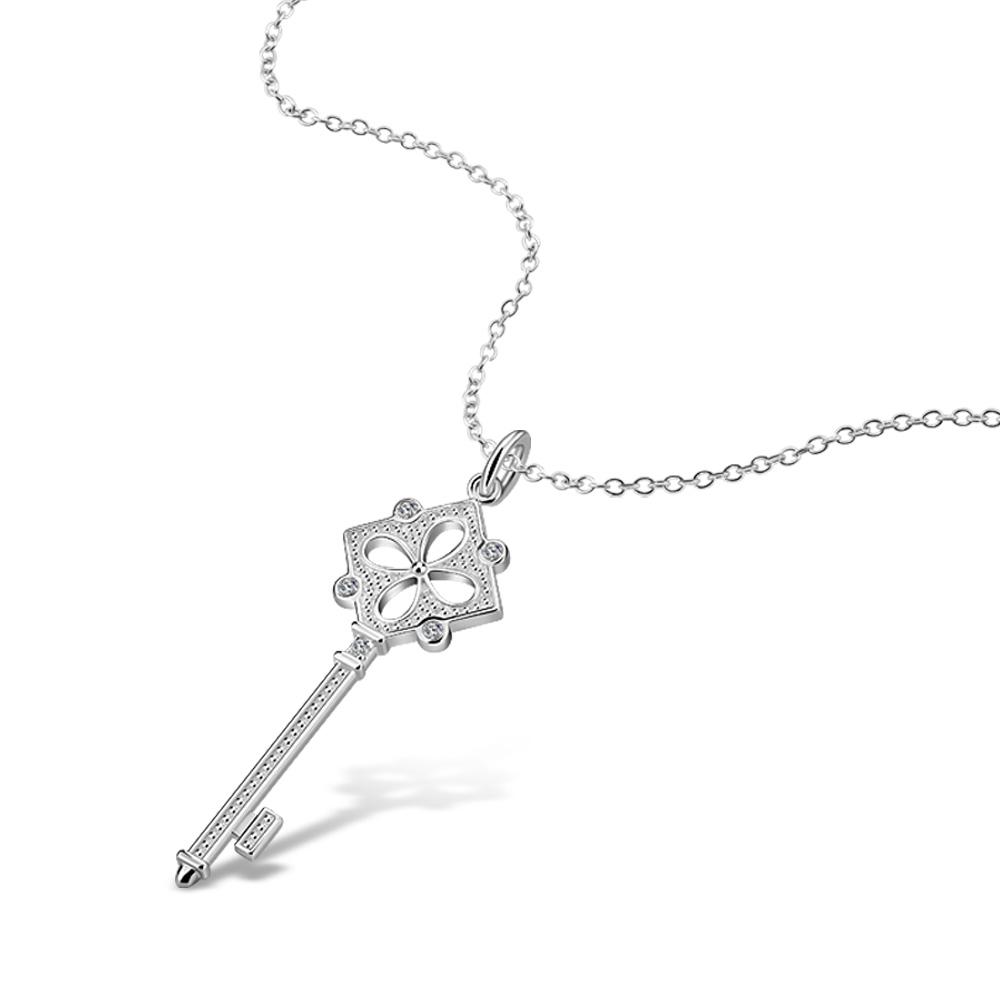 New 925 Silver Dainty Flower Key Pendant Necklace for Men Women Minimalist Jewelry Male Female Necklaces Chokers 41cm