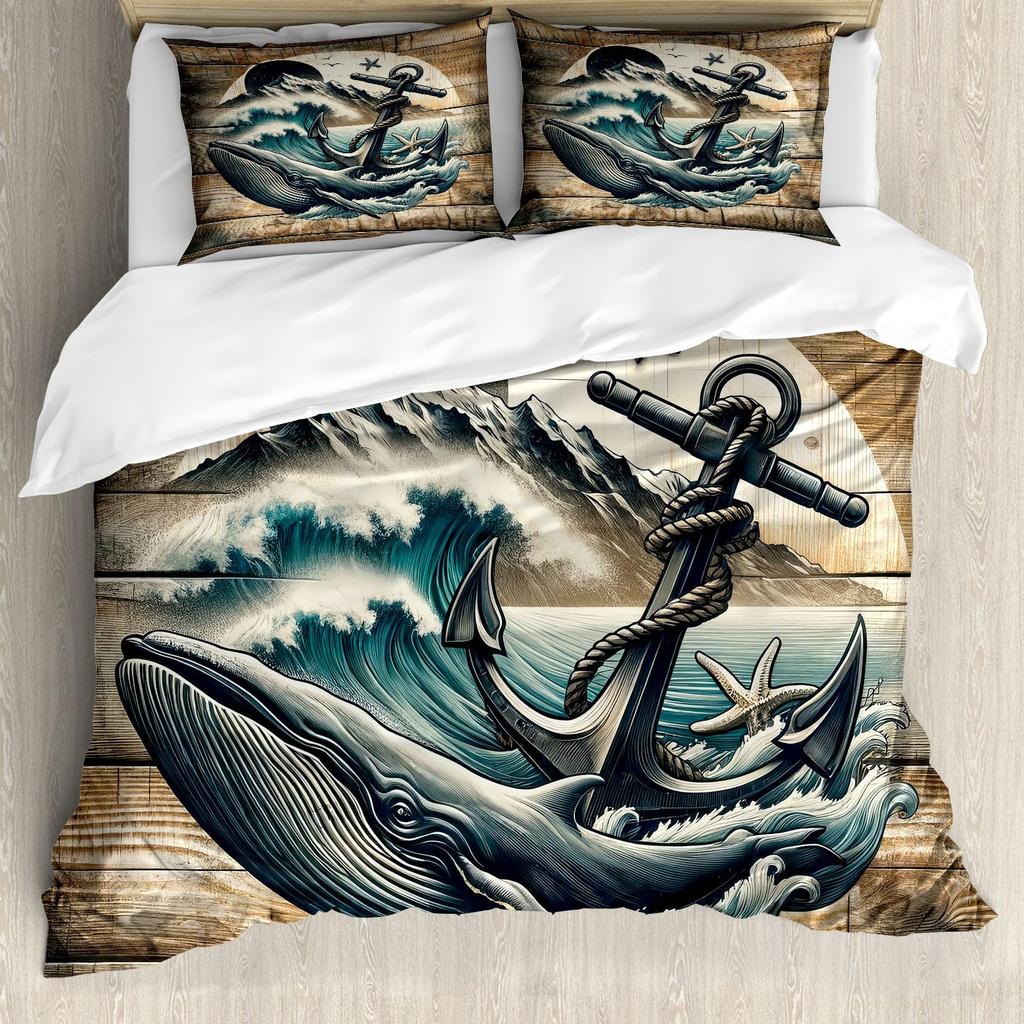 whale and Anchor duvet cover set for teens kids boys queen Lightweight Bedspread Cover bedroom Decor Navy Blue Ocean Bedding Set