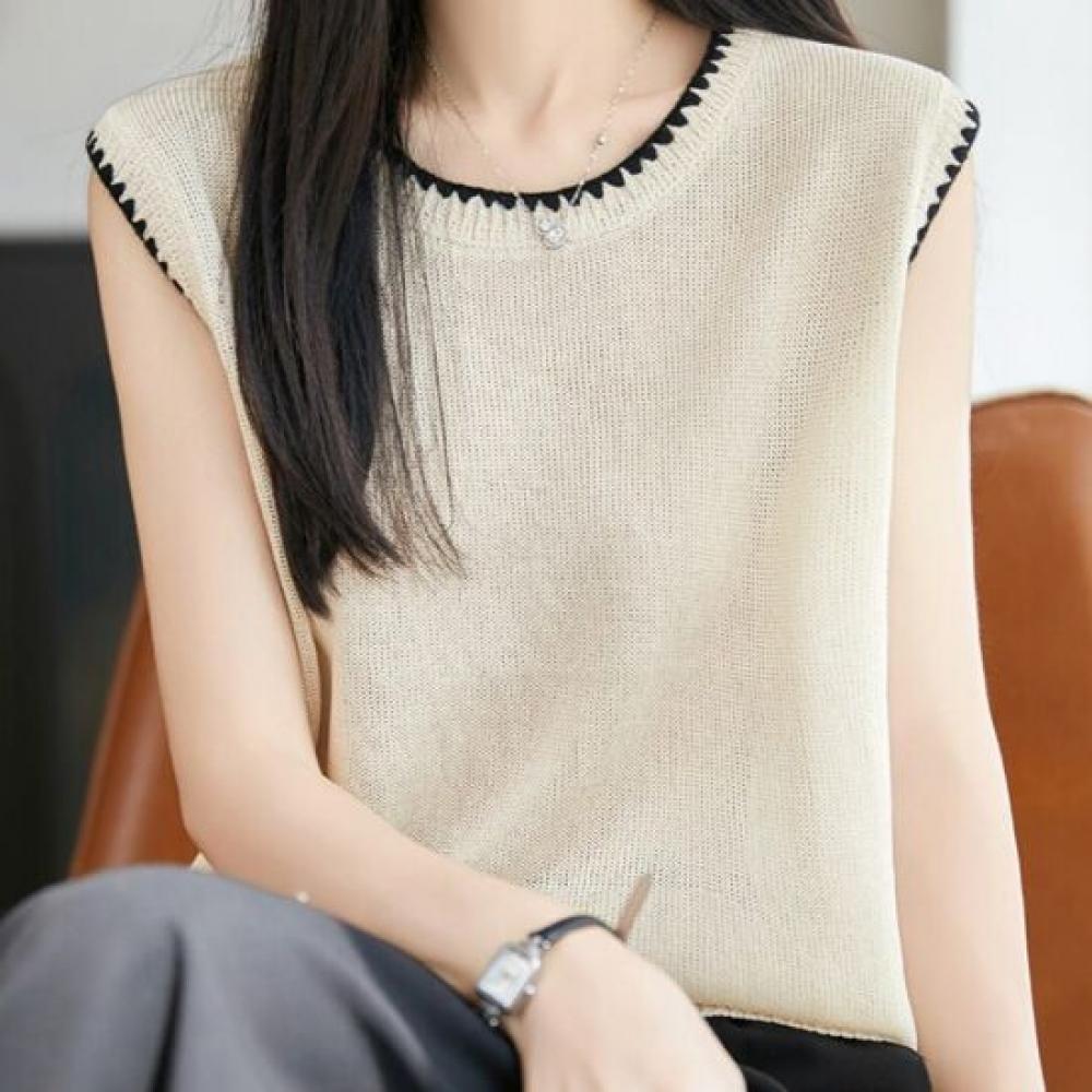 Navava Women Cool Thin Daily Color Block Sleeveless Knit Tee Nk3689